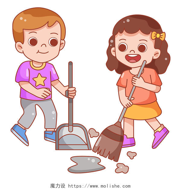 卡通家庭生活哥哥妹妹打扫卫生组合图插画素材png
